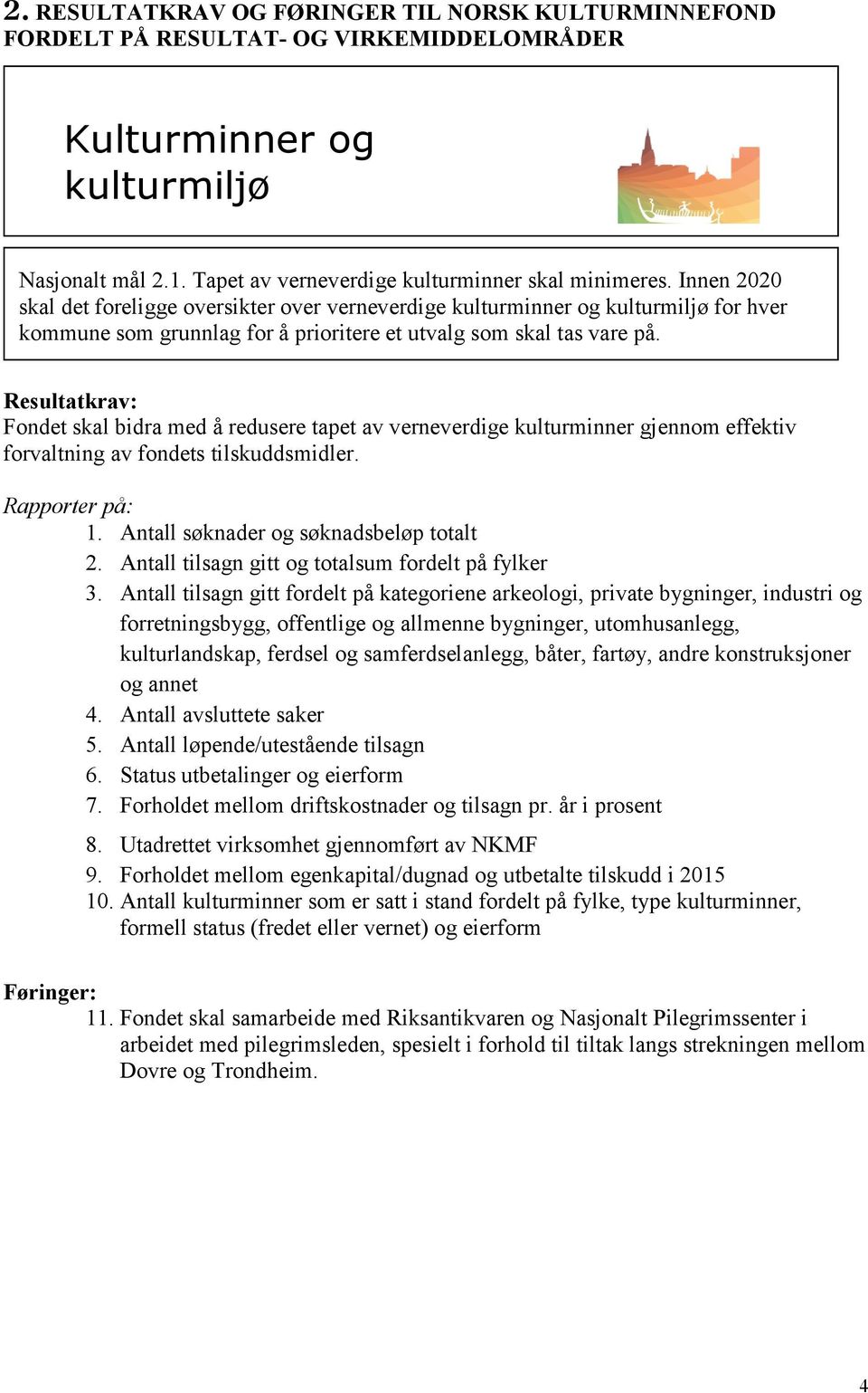 Resultatkrav: Fondet skal bidra med å redusere tapet av verneverdige kulturminner gjennom effektiv forvaltning av fondets tilskuddsmidler. Rapporter på: 1. Antall søknader og søknadsbeløp totalt 2.