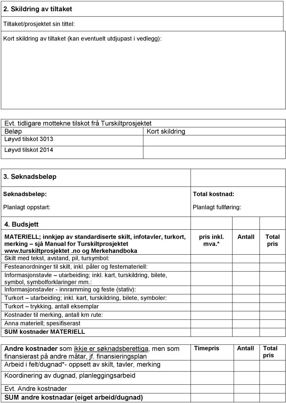 Budsjett MATERIELL; innkjøp av standardiserte skilt, infotavler, turkort, merking sjå Manual for Turskiltprosjektet www.turskiltprosjektet.