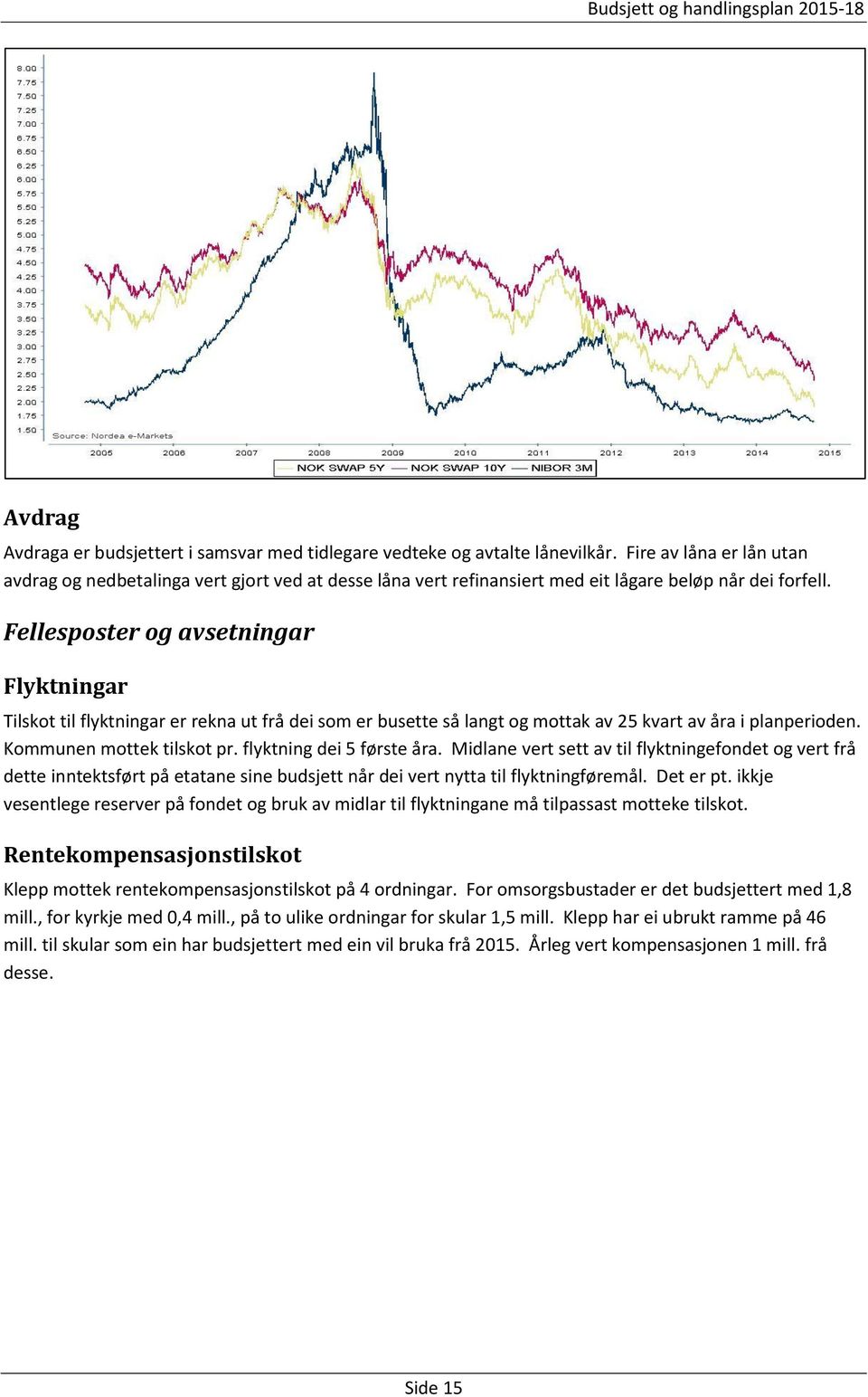 Fellesposter og avsetningar Flyktningar Tilskot til flyktningar er rekna ut frå dei som er busette så langt og mottak av 25 kvart av åra i planperioden. Kommunen mottek tilskot pr.