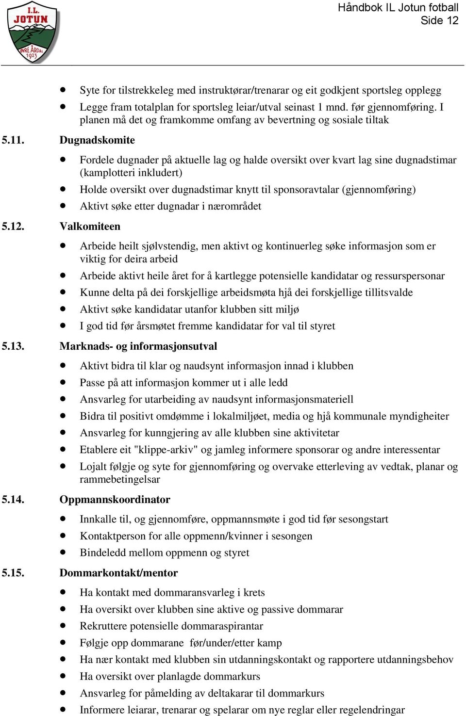 Dugnadskomite Fordele dugnader på aktuelle lag og halde oversikt over kvart lag sine dugnadstimar (kamplotteri inkludert) Holde oversikt over dugnadstimar knytt til sponsoravtalar (gjennomføring)