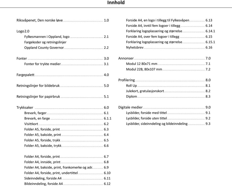 .. 6.16 Fonter... 3.0 Fonter for trykte medier... 3.1 Fargepalett... 4.0 Retningslinjer for bildebruk... 5.0 Retningslinjer for papirbruk... 5.1 Annonser... 7.0 Modul 12 80x71 mm... 7.1 Modul 22B, 80x107 mm.