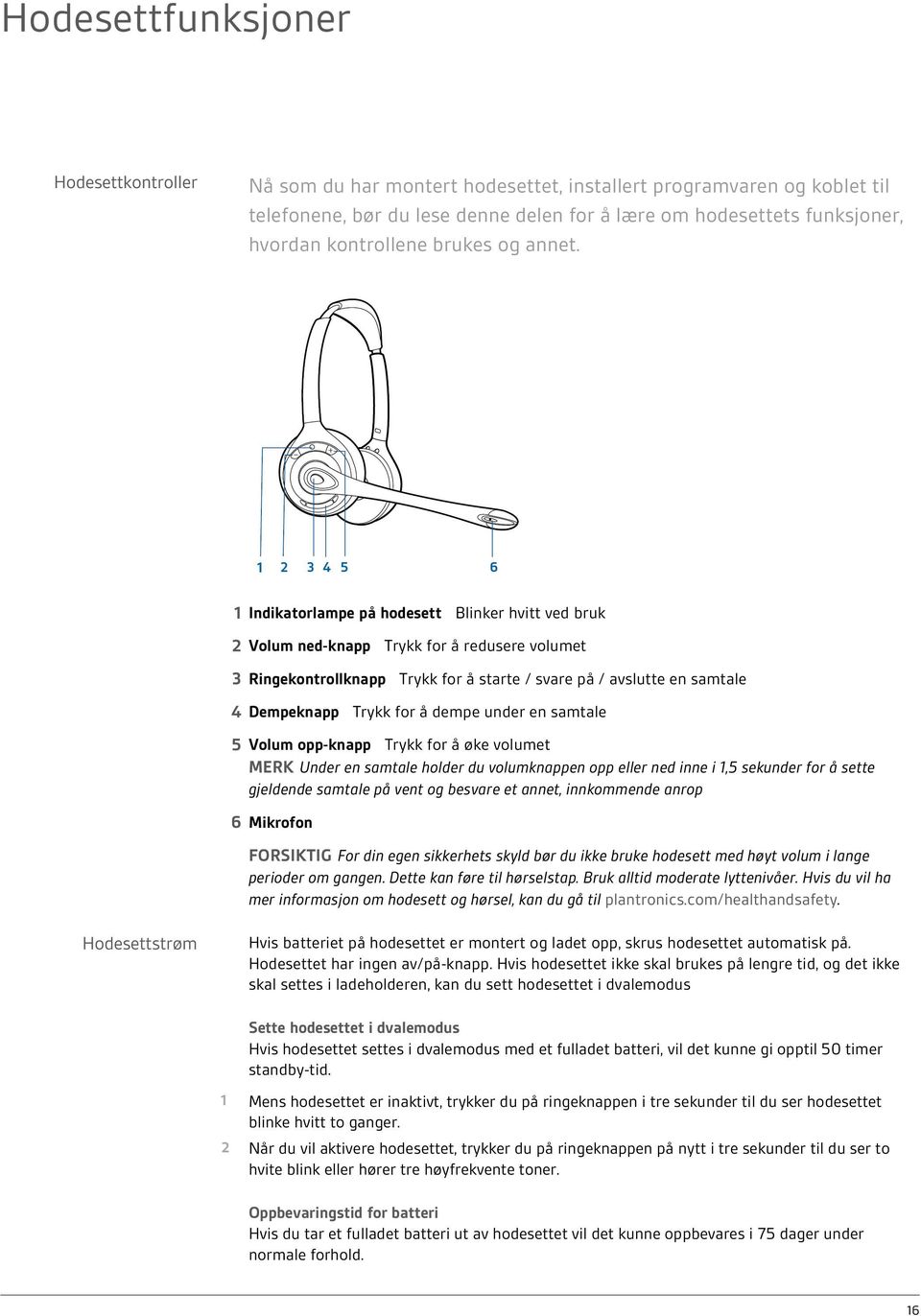 1 Indikatorlampe på hodesett Blinker hvitt ved bruk 2 Volum ned-knapp Trykk for å redusere volumet 3 Ringekontrollknapp Trykk for å starte / svare på / avslutte en samtale 4 Dempeknapp Trykk for å