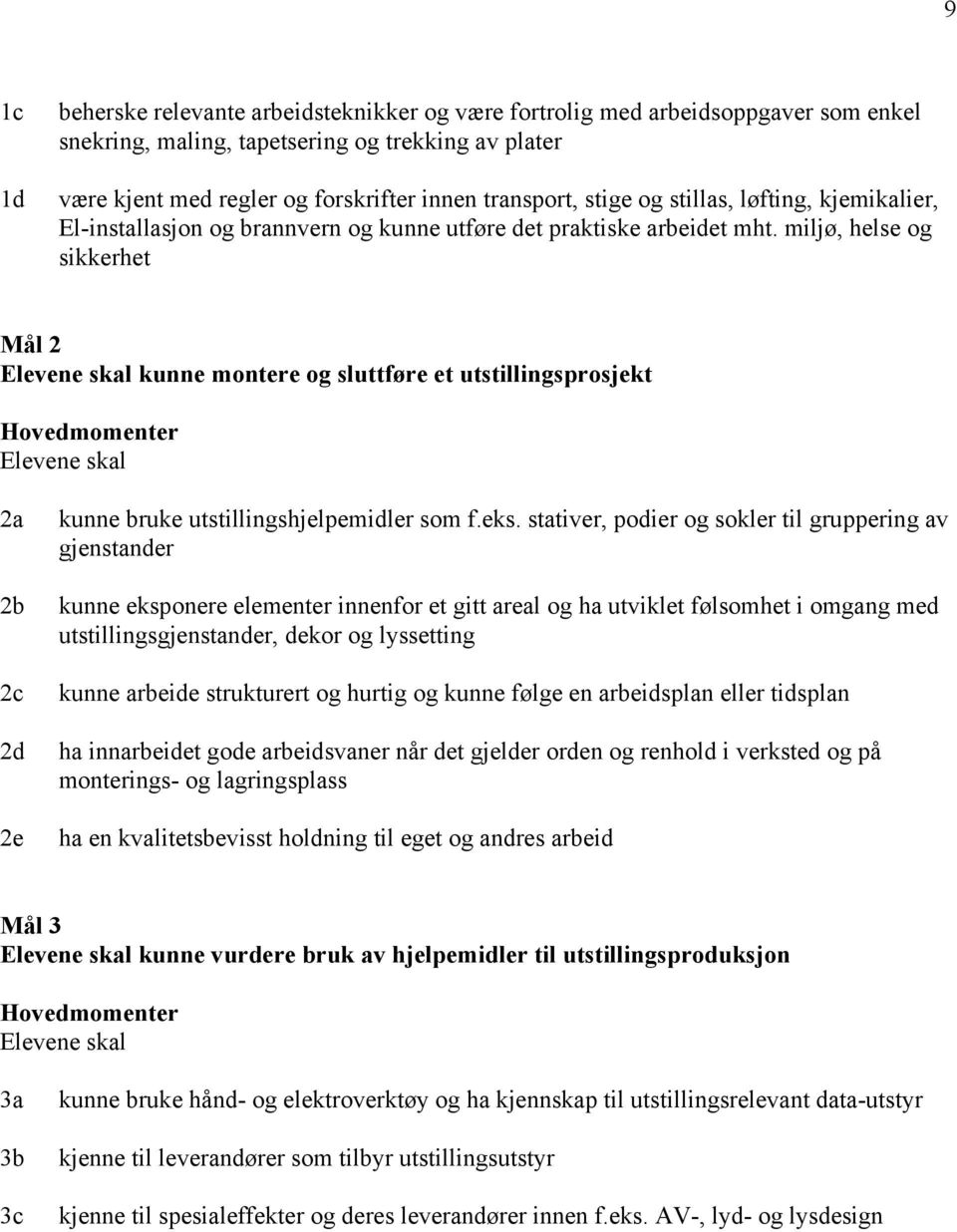 miljø, helse og sikkerhet Mål 2 kunne montere og sluttføre et utstillingsprosjekt 2a 2b 2c 2d 2e kunne bruke utstillingshjelpemidler som f.eks.