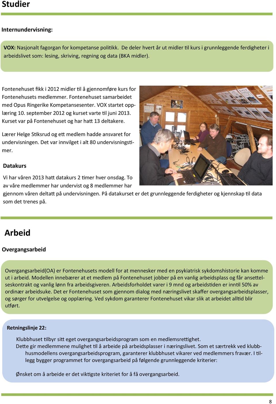 Fontenehuset fikk i 2012 midler til å gjennomføre kurs for Fontenehusets medlemmer. Fontenehuset samarbeidet med Opus Ringerike Kompetansesenter. VOX startet opplæring 10.