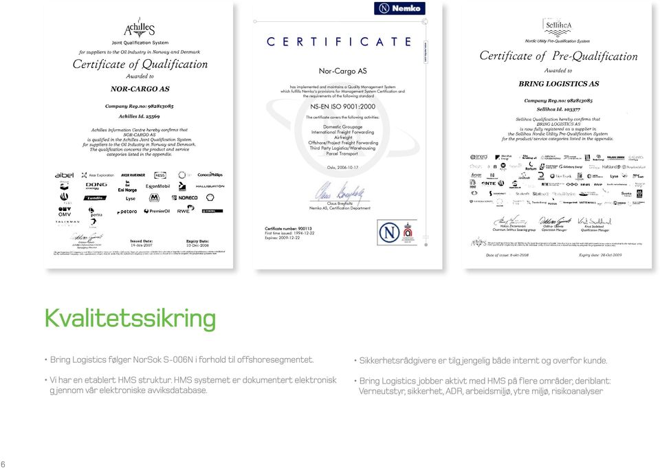 ISO 9001:2000 The certificate covers the following activities: Domestic Groupage International Freight Forwarding Airfreight Offshore/Project Freight Forwarding Third Party Logistics/Warehousing