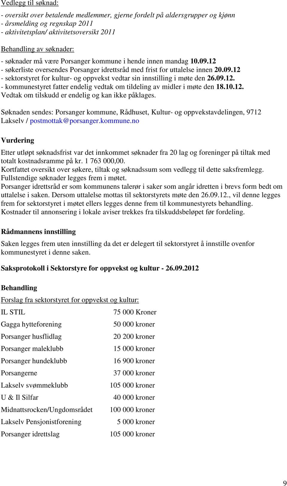 09.12. - kommunestyret fatter endelig vedtak om tildeling av midler i møte den 18.10.12. Vedtak om tilskudd er endelig og kan ikke påklages.