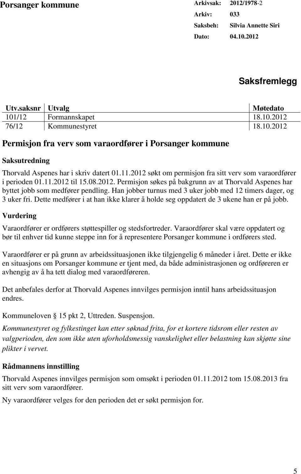 11.2012 søkt om permisjon fra sitt verv som varaordfører i perioden 01.11.2012 til 15.08.2012. Permisjon søkes på bakgrunn av at Thorvald Aspenes har byttet jobb som medfører pendling.