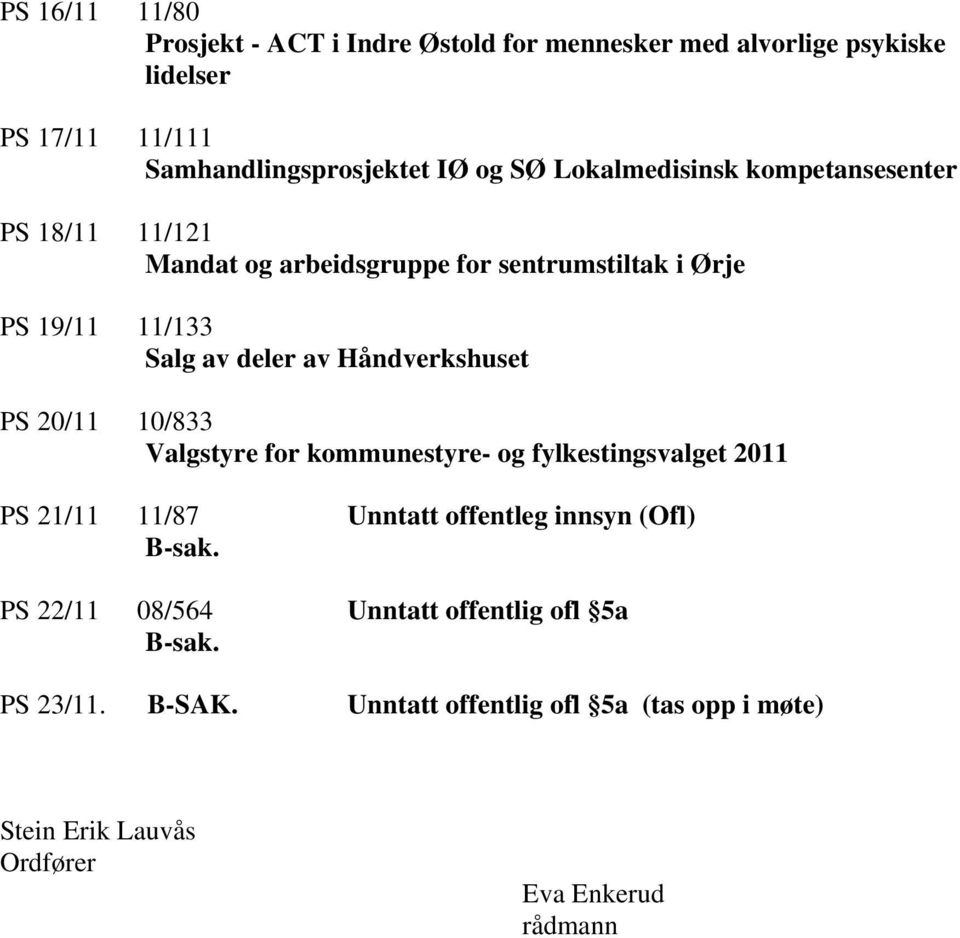 Håndverkshuset PS 20/11 10/833 Valgstyre for kommunestyre- og fylkestingsvalget 2011 PS 21/11 11/87 Unntatt offentleg innsyn (Ofl) B-sak.