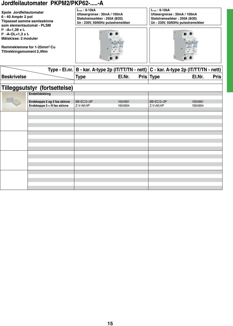 30mA / 100mA Støtstrømssikker : 250A (8/20) Un : 230V, 50/60Hz pulsstrømsikker Ik max : 6-10kA Utløsergrense : 30mA / 100mA Støtstrømssikker : 250A (8/20) Un : 230V, 50/60Hz