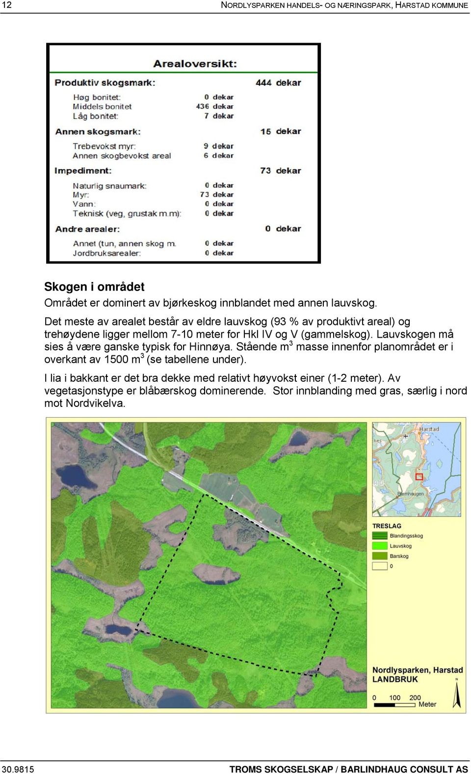 Lauvskogen må sies å være ganske typisk for Hinnøya. Stående m 3 masse innenfor planområdet er i overkant av 1500 m 3 (se tabellene under).