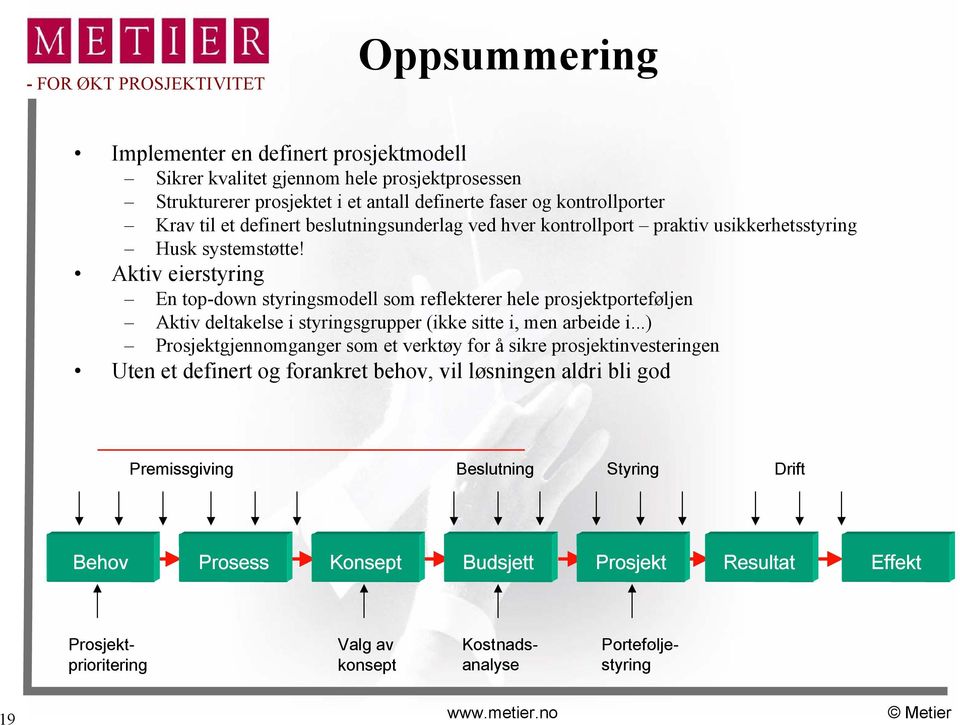 Aktiv eierstyring En top-down styringsmodell som reflekterer hele prosjektporteføljen Aktiv deltakelse i styringsgrupper (ikke sitte i, men arbeide i.