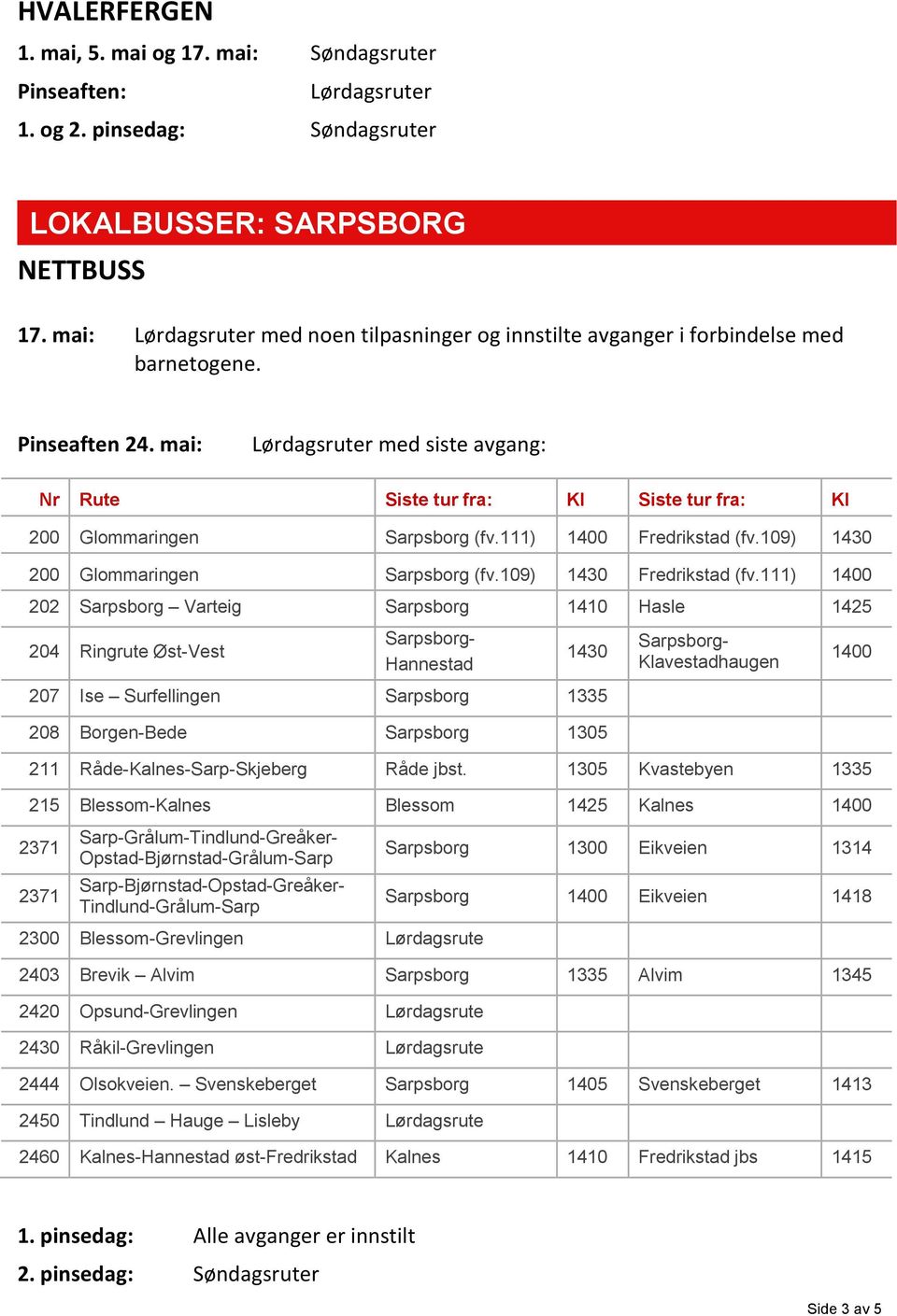 111) 1400 202 Sarpsborg Varteig Sarpsborg 1410 Hasle 1425 204 Ringrute Øst-Vest Sarpsborg- Hannestad 1430 207 Ise Surfellingen Sarpsborg 1335 208 Borgen-Bede Sarpsborg 1305 Sarpsborg- Klavestadhaugen