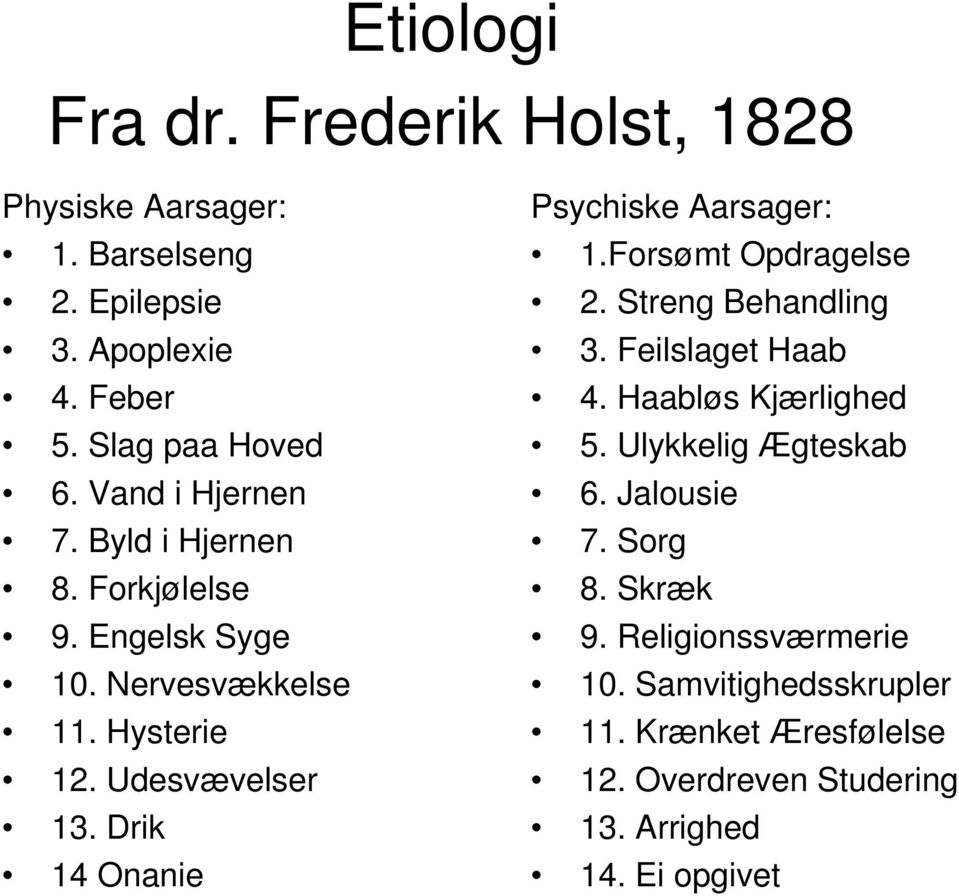 Drik 14 Onanie Psychiske Aarsager: 1.Forsømt Opdragelse 2. Streng Behandling 3. Feilslaget Haab 4. Haabløs Kjærlighed 5.