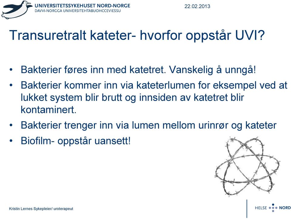 Bakterier kommer inn via kateterlumen for eksempel ved at lukket system blir