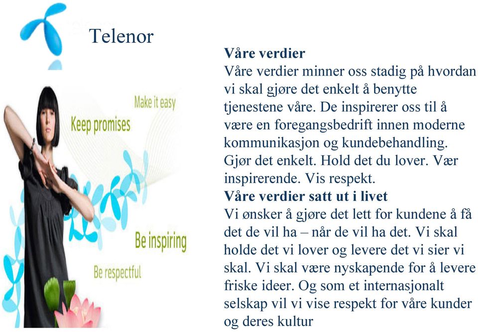 Vær inspirerende. Vis respekt. Våre verdier satt ut i livet Vi ønsker å gjøre det lett for kundene å få det de vil ha når de vil ha det.