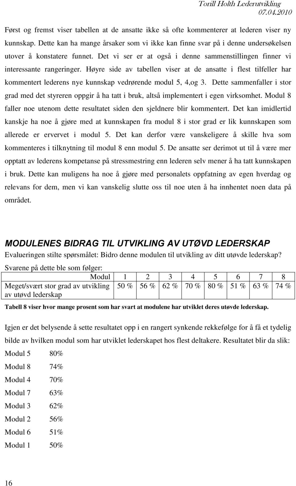 Høyre side av tabellen viser at de ansatte i flest tilfeller har kommentert lederens nye kunnskap vedrørende modul 5, 4,og 3.