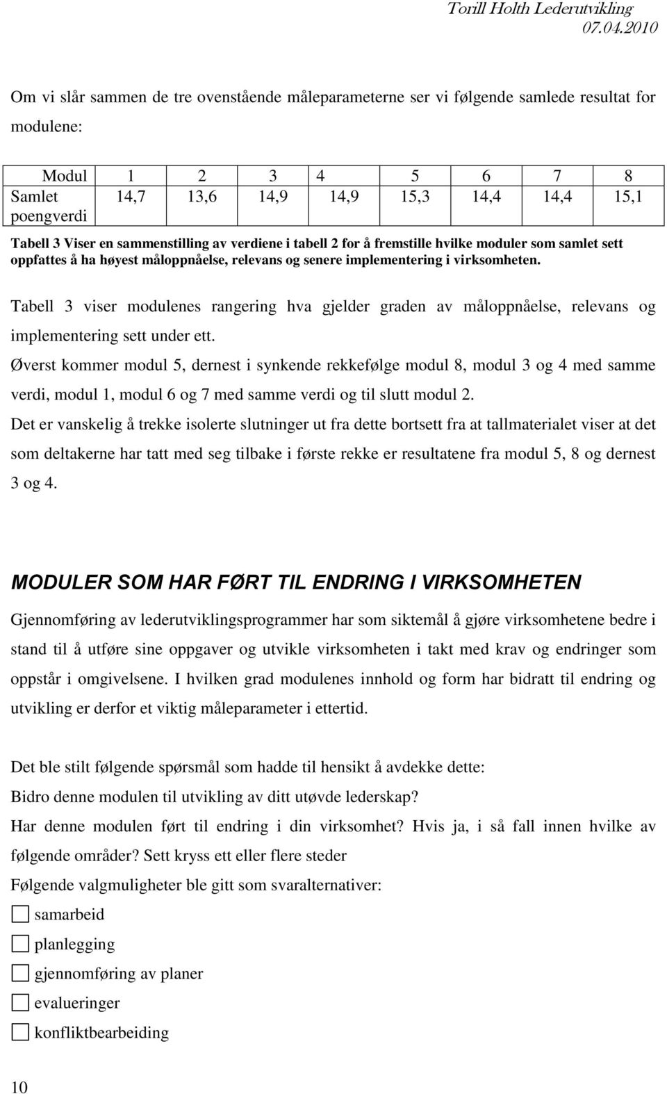 Tabell 3 viser modulenes rangering hva gjelder graden av måloppnåelse, relevans og implementering sett under ett.