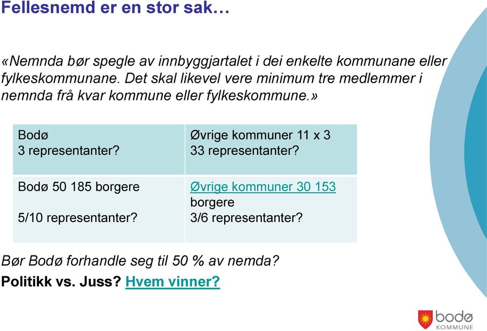 » Bodø 3 representanter? Øvrige kommuner 11 x 3 33 representanter? Bodø 50 185 borgere 5/10 representanter?