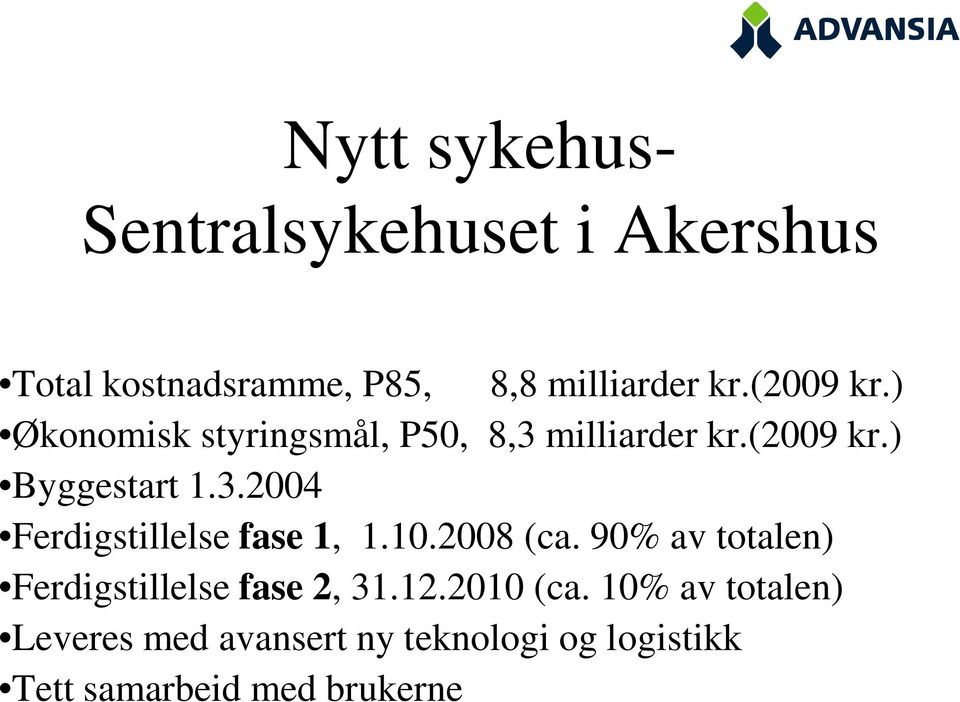 10.2008 (ca. 90% av totalen) Ferdigstillelse fase 2, 31.12.2010 (ca.