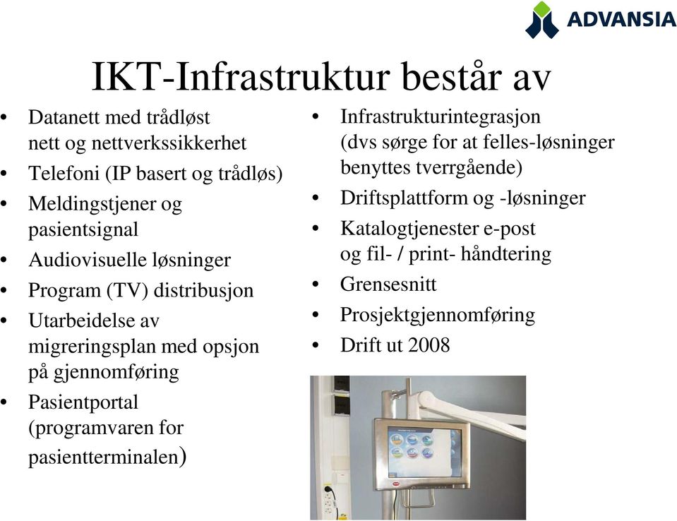 Pasientportal (programvaren for pasientterminalen) Infrastrukturintegrasjon (dvs sørge for at felles-løsninger benyttes