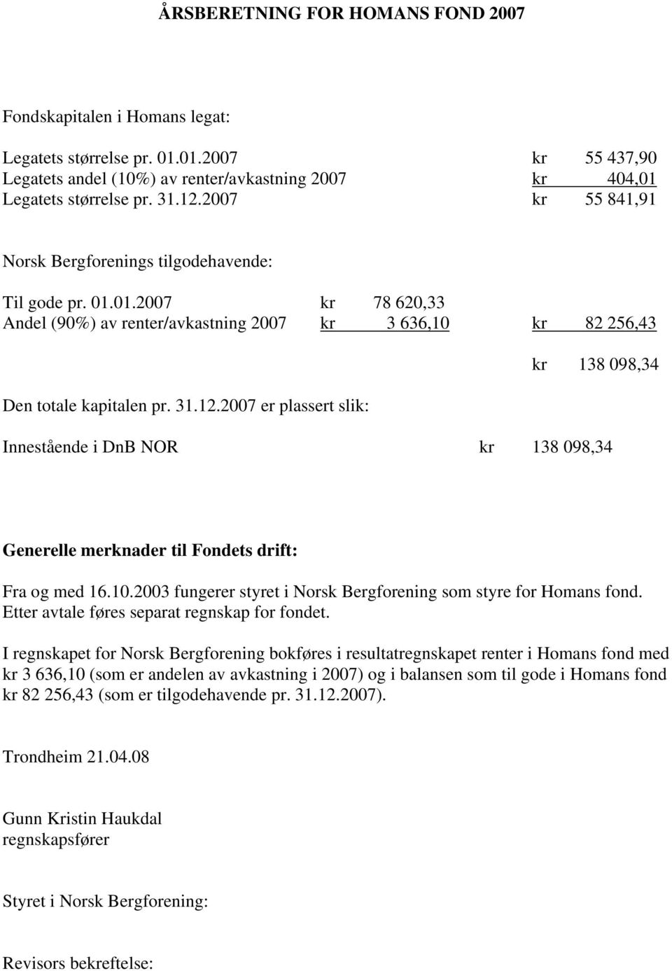 2007 er plassert slik: kr 138 098,34 Innestående i DnB NOR kr 138 098,34 Generelle merknader til Fondets drift: Fra og med 16.10.2003 fungerer styret i Norsk Bergforening som styre for Homans fond.