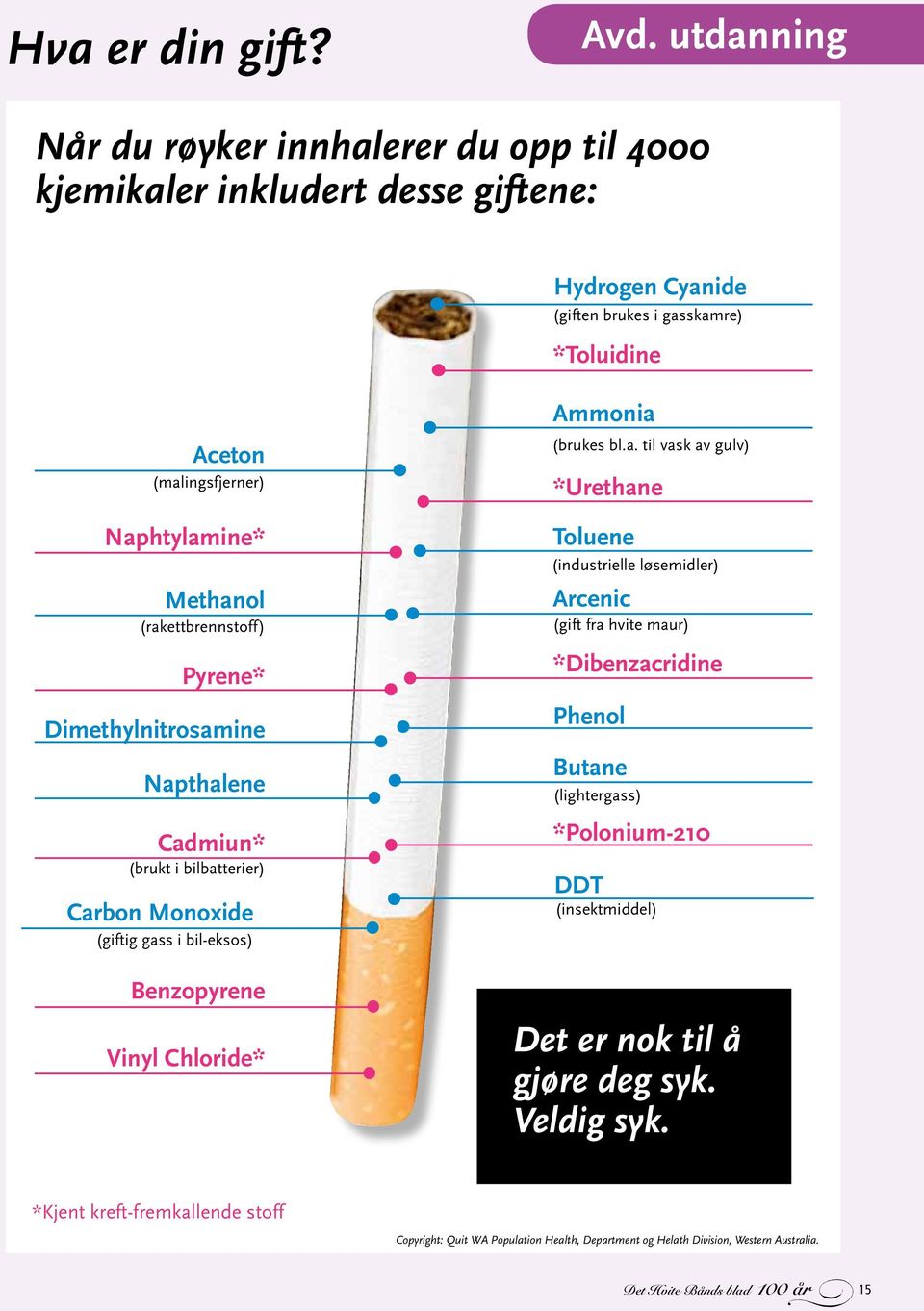 Methanol (rakettbrennstoff) Pyrene* Dimethylnitrosamine Napthalene Cadmiun* (brukt i bilbatterier) Carbon Monoxide (giftig gass i bil-eksos) Benzopyrene Vinyl Chloride* Ammonia