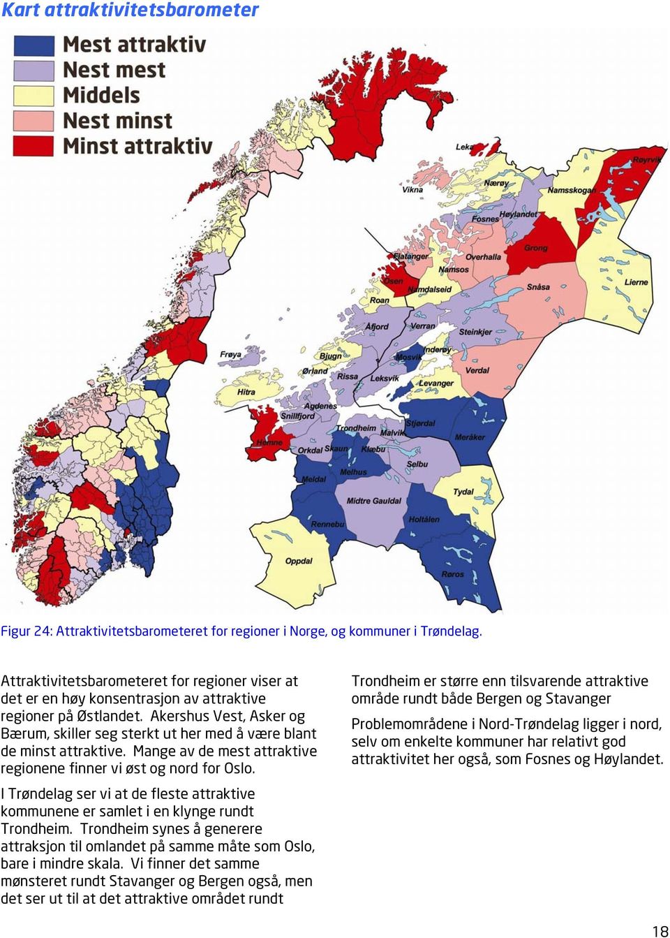 Akershus Vest, Asker og Bærum, skiller seg sterkt ut her med å være blant de minst attraktive. Mange av de mest attraktive regionene finner vi øst og nord for Oslo.