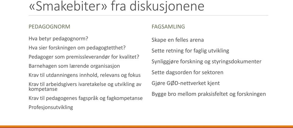 Barnehagen som lærende organisasjon Krav til utdanningens innhold, relevans og fokus Krav til arbeidsgivers ivaretakelse og utvikling av