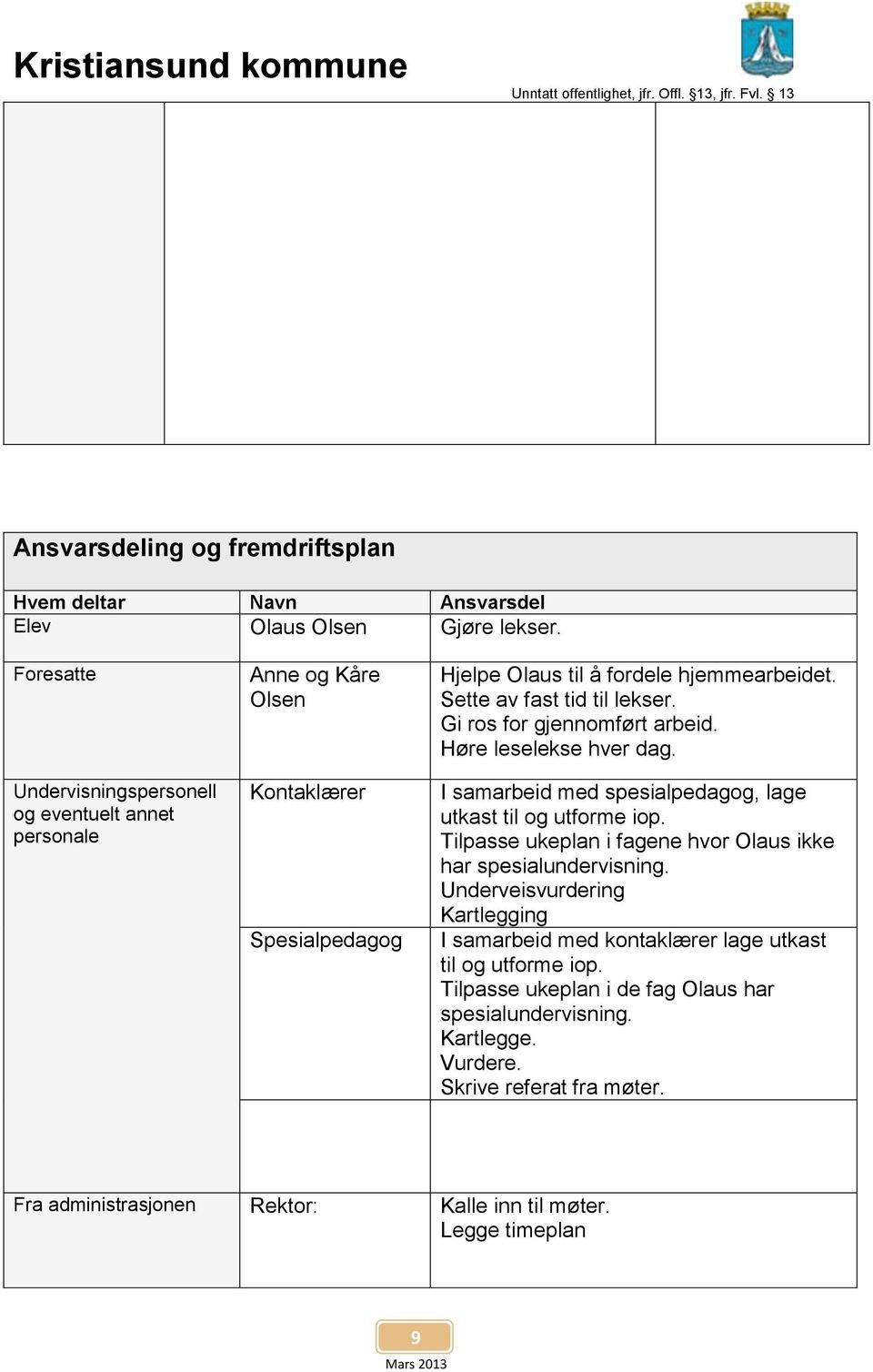 Gi ros for gjennomført arbeid. Høre leselekse hver dag. I samarbeid med spesialpedagog, lage utkast til og utforme iop.