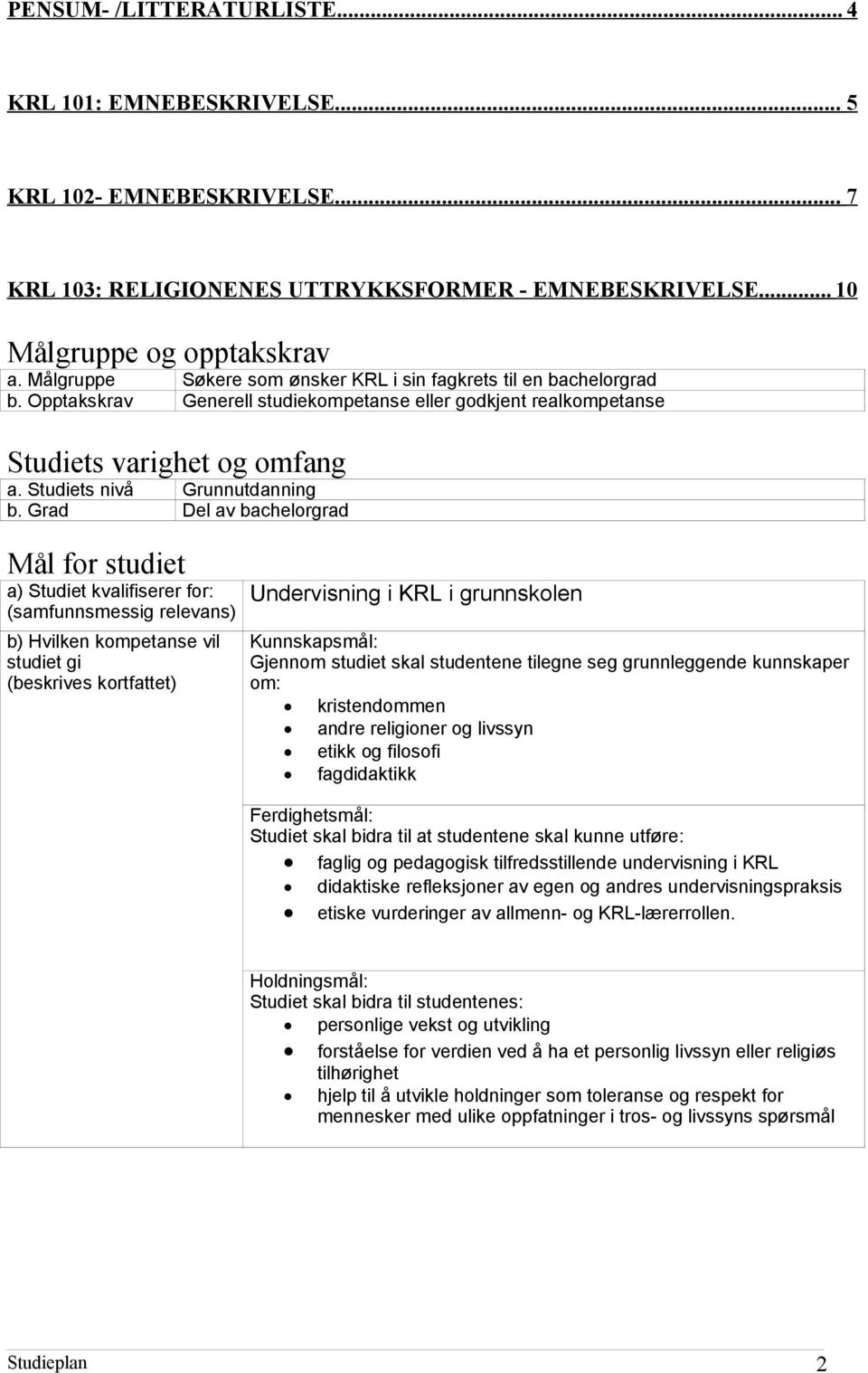 Grad Del av bachelorgrad Mål for studiet a) Studiet kvalifiserer for: (samfunnsmessig relevans) b) Hvilken kompetanse vil studiet gi (beskrives kortfattet) Undervisning i KRL i grunnskolen