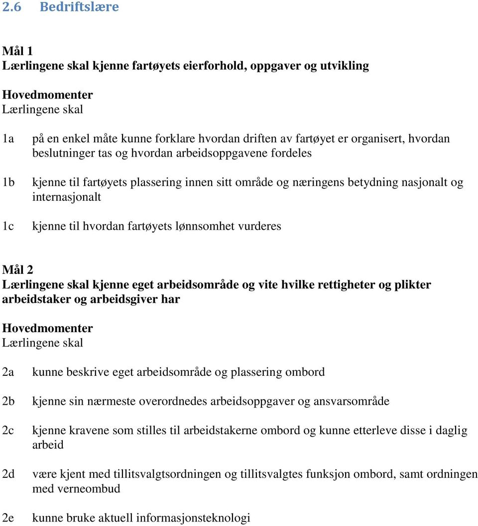 fartøyets lønnsomhet vurderes Mål 2 Lærlingene skal kjenne eget arbeidsområde og vite hvilke rettigheter og plikter arbeidstaker og arbeidsgiver har Hovedmomenter Lærlingene skal 2a 2b 2c 2d 2e kunne