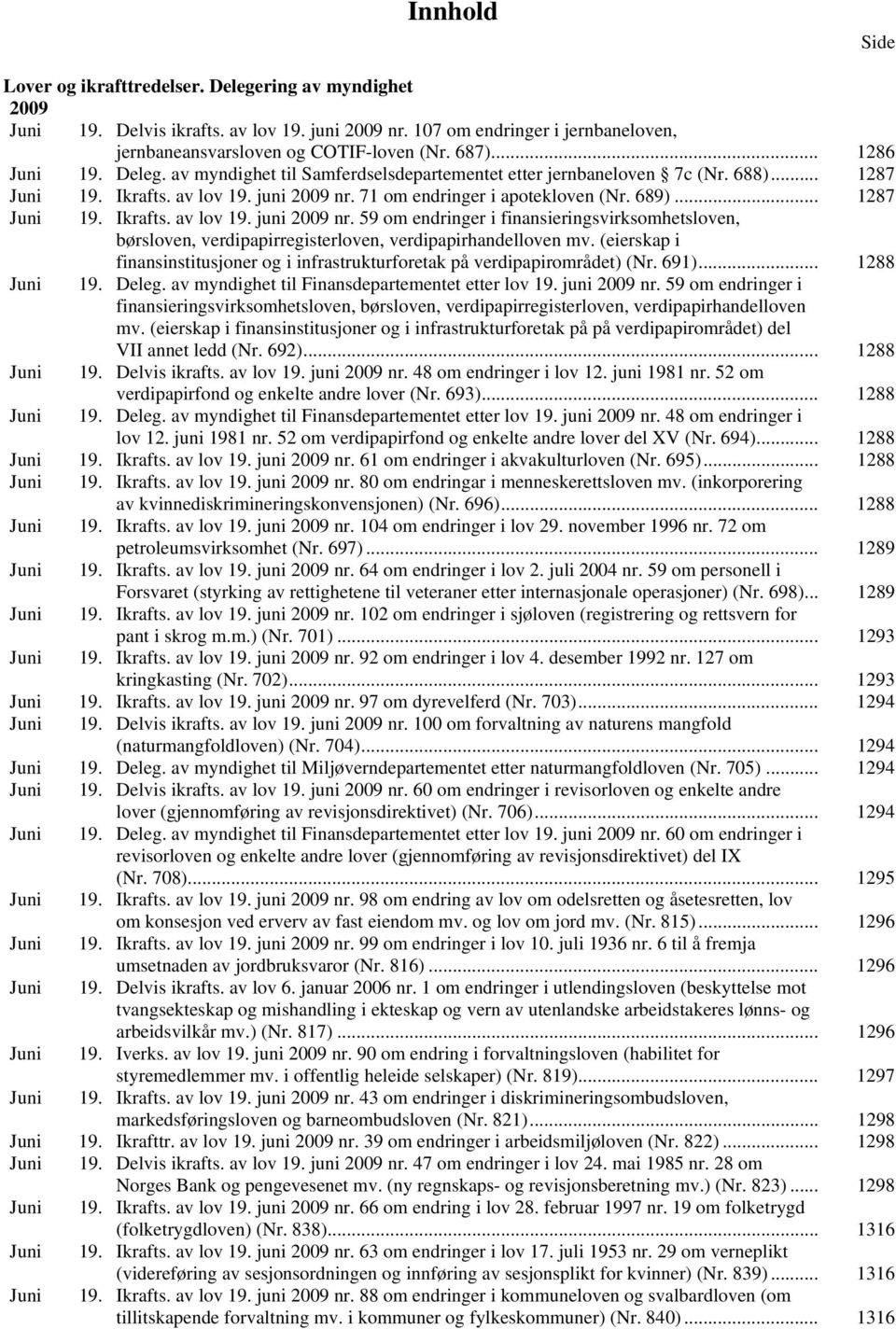 .. 1287 Juni 19. Ikrafts. av lov 19. juni 2009 nr. 59 om endringer i finansieringsvirksomhetsloven, børsloven, verdipapirregisterloven, verdipapirhandelloven mv.