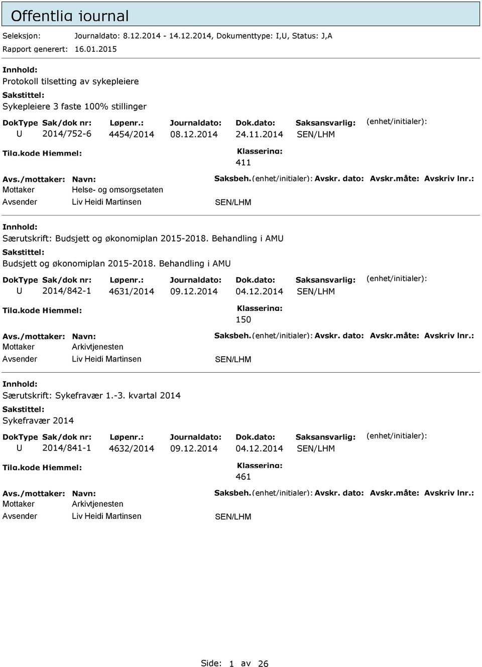 Behandling i AM Budsjett og økonomiplan 2015-2018. Behandling i AM 2014/842-1 4631/2014 04.12.2014 150 Avs./mottaker: Navn: Saksbeh. Avskr. dato: Avskr.måte: Avskriv lnr.