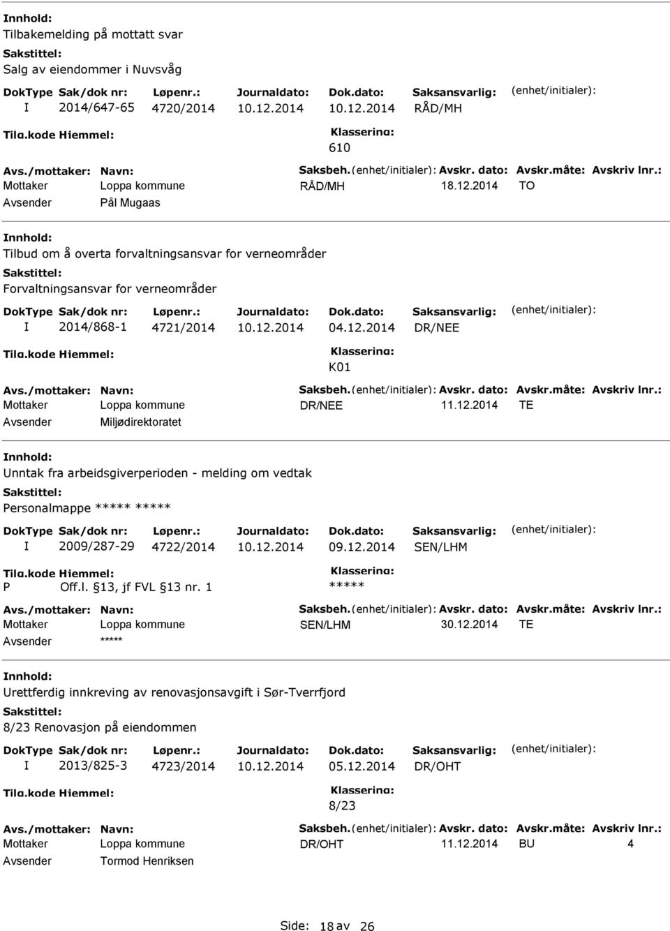 måte: Avskriv lnr.: Loppa kommune 11.12.2014 TE Miljødirektoratet nntak fra arbeidsgiverperioden - melding om vedtak Personalmappe 2009/287-29 4722/2014 P Avs./mottaker: Navn: Saksbeh. Avskr. dato: Avskr.