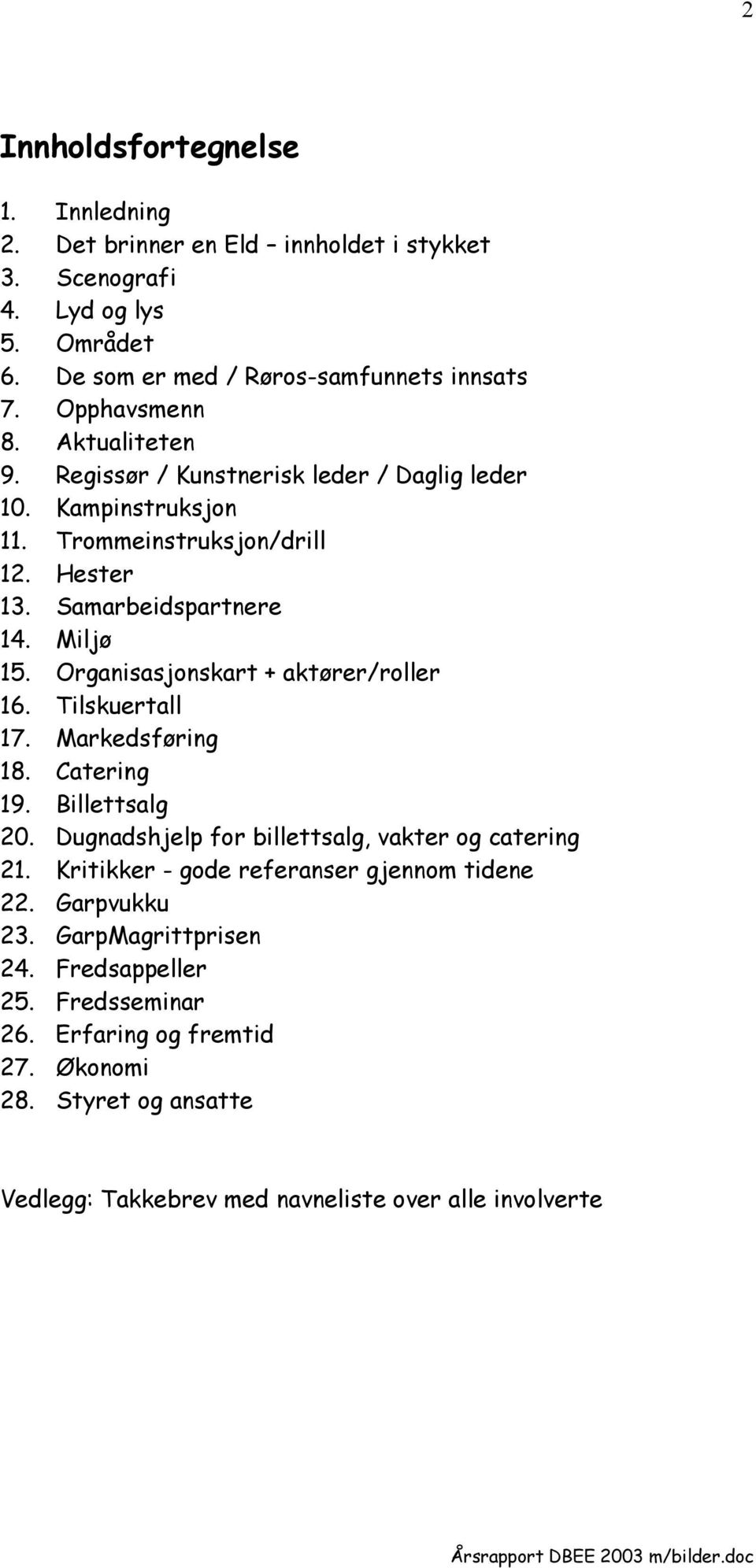 Organisasjonskart + aktører/roller 16. Tilskuertall 17. Markedsføring 18. Catering 19. Billettsalg 20. Dugnadshjelp for billettsalg, vakter og catering 21.