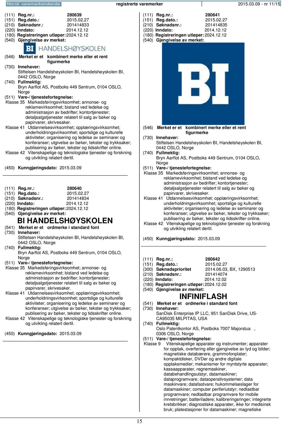 12 (180) Registreringen 2024.12.12 Stiftelsen Handelshøyskolen BI, Handelshøyskolen BI, 0442 OSLO, Bryn Aarflot AS, Postboks 449 Sentrum, 0104 OSLO, Klasse 35 Markedsføringsvirksomhet; annonse- og