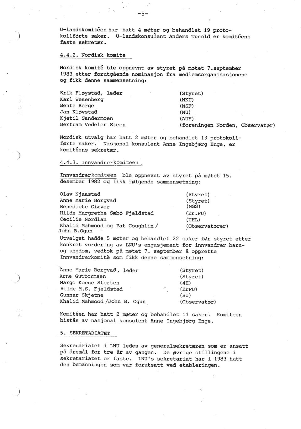 september 1983V etter forutgående nominasjon fra medlemsorganisasjonene og fikk denne salnmensetning: Erik Fløystad, leder (Styret) Karl Wesenberg (NKU) Bente Berge (NSF) Jan Kløvstad (NU) Kjetil