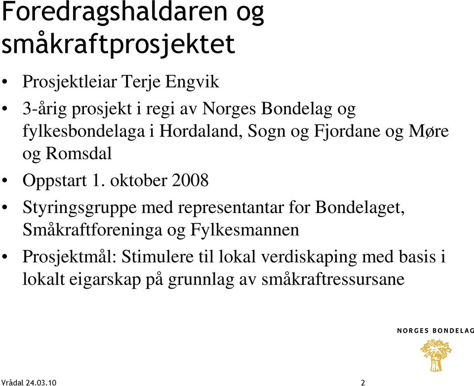 oktober 2008 Styringsgruppe med representantar for Bondelaget, Småkraftforeninga og Fylkesmannen