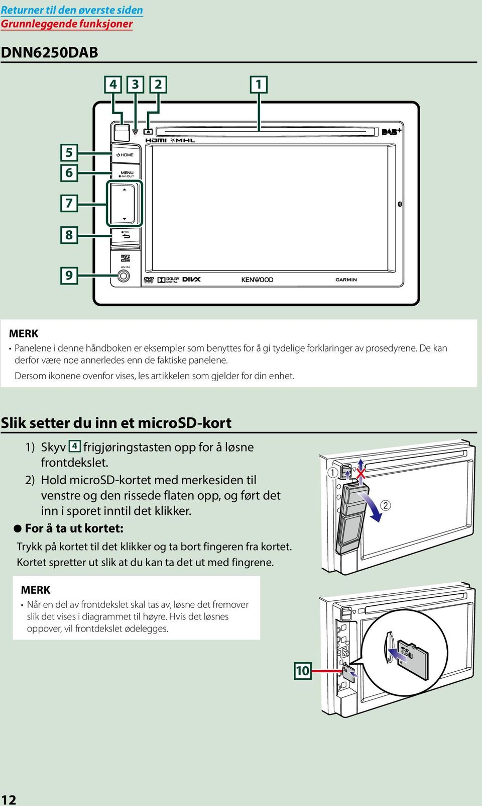 Slik setter du inn et microsd-kort 1) Skyv 4 frigjøringstasten opp for å løsne frontdekslet.