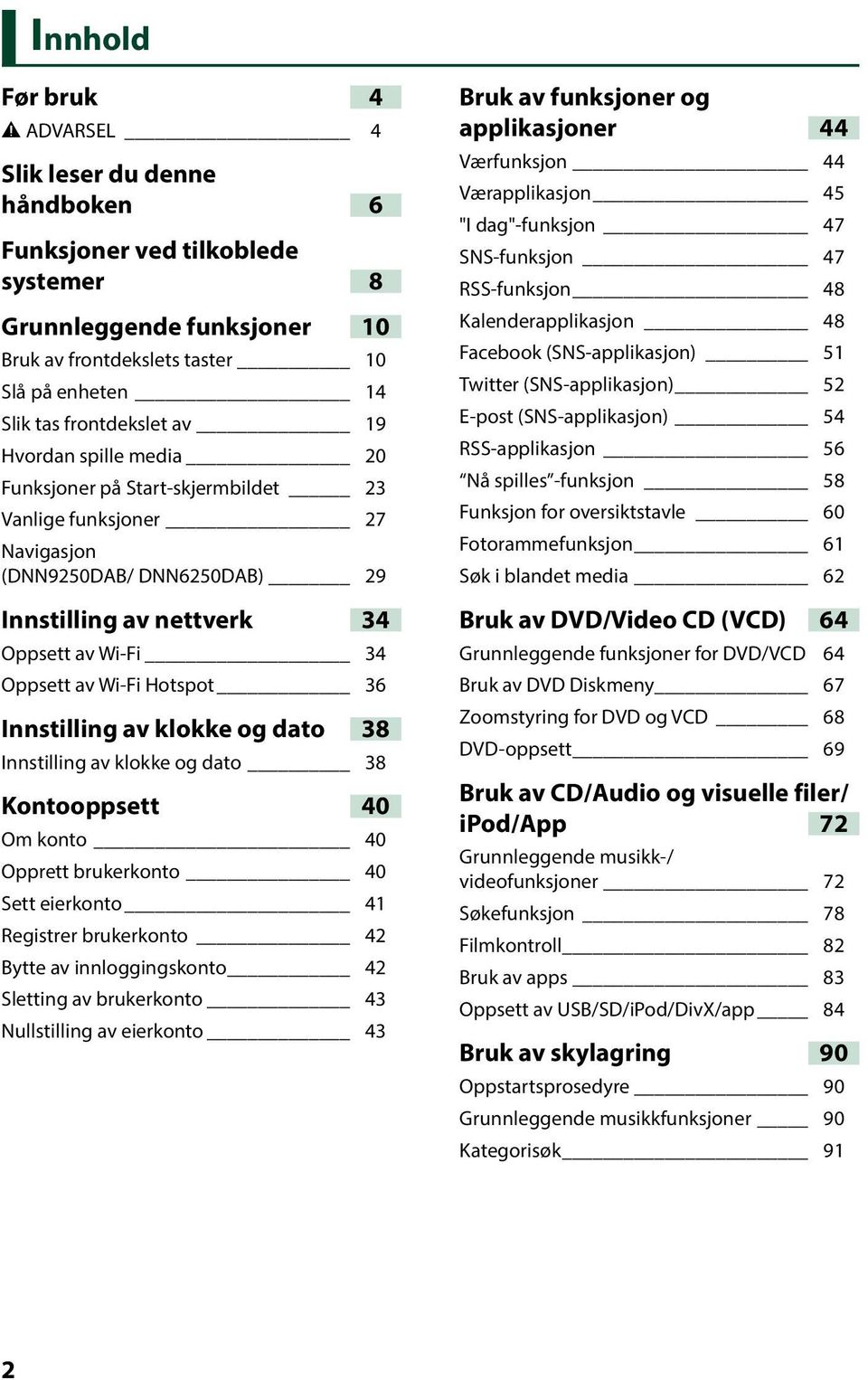 Wi-Fi Hotspot 36 Innstilling av klokke og dato 38 Innstilling av klokke og dato 38 Kontooppsett 40 Om konto 40 Opprett brukerkonto 40 Sett eierkonto 41 Registrer brukerkonto 42 Bytte av