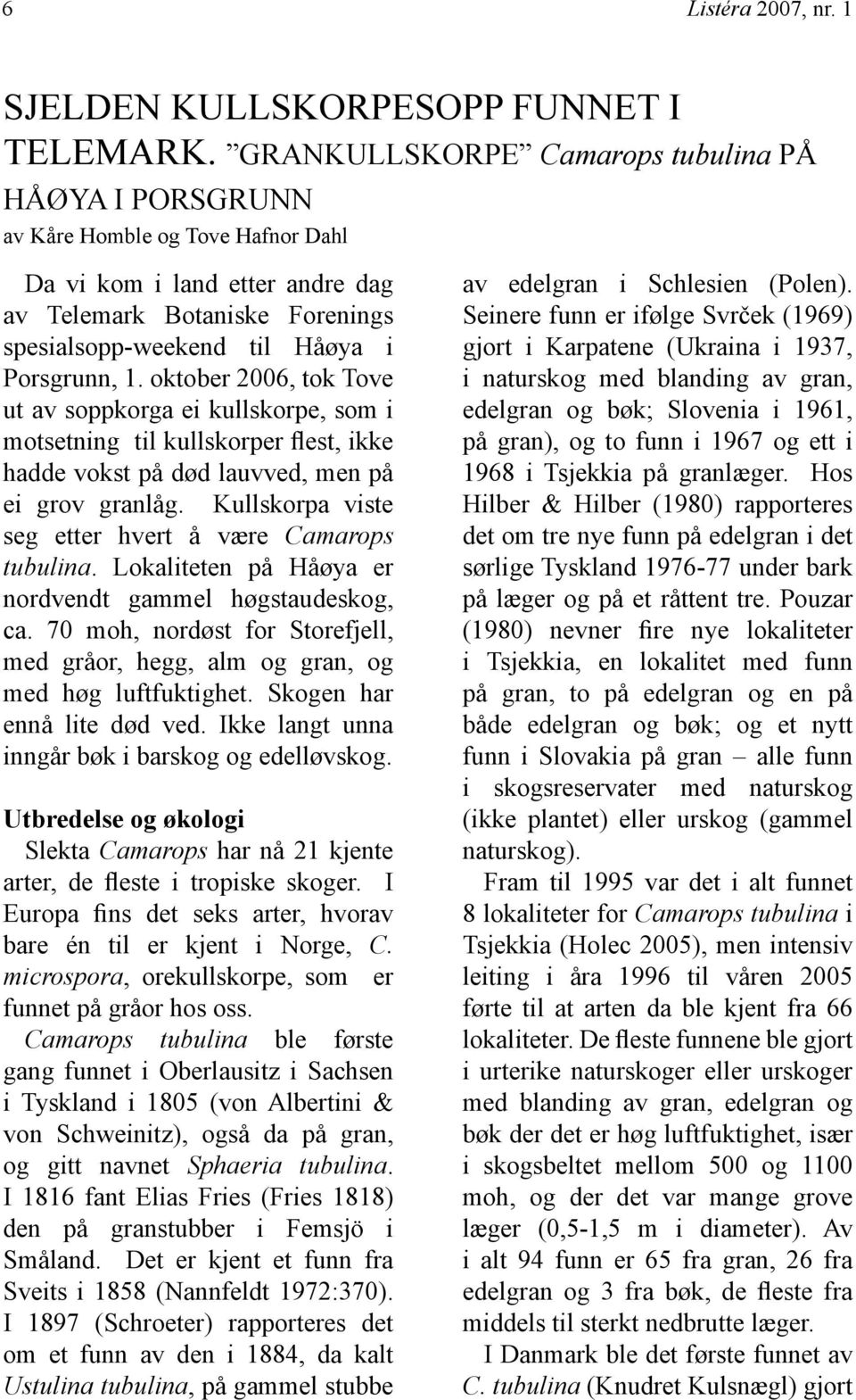 oktober 2006, tok Tove ut av soppkorga ei kullskorpe, som i motsetning til kullskorper flest, ikke hadde vokst på død lauvved, men på ei grov granlåg.