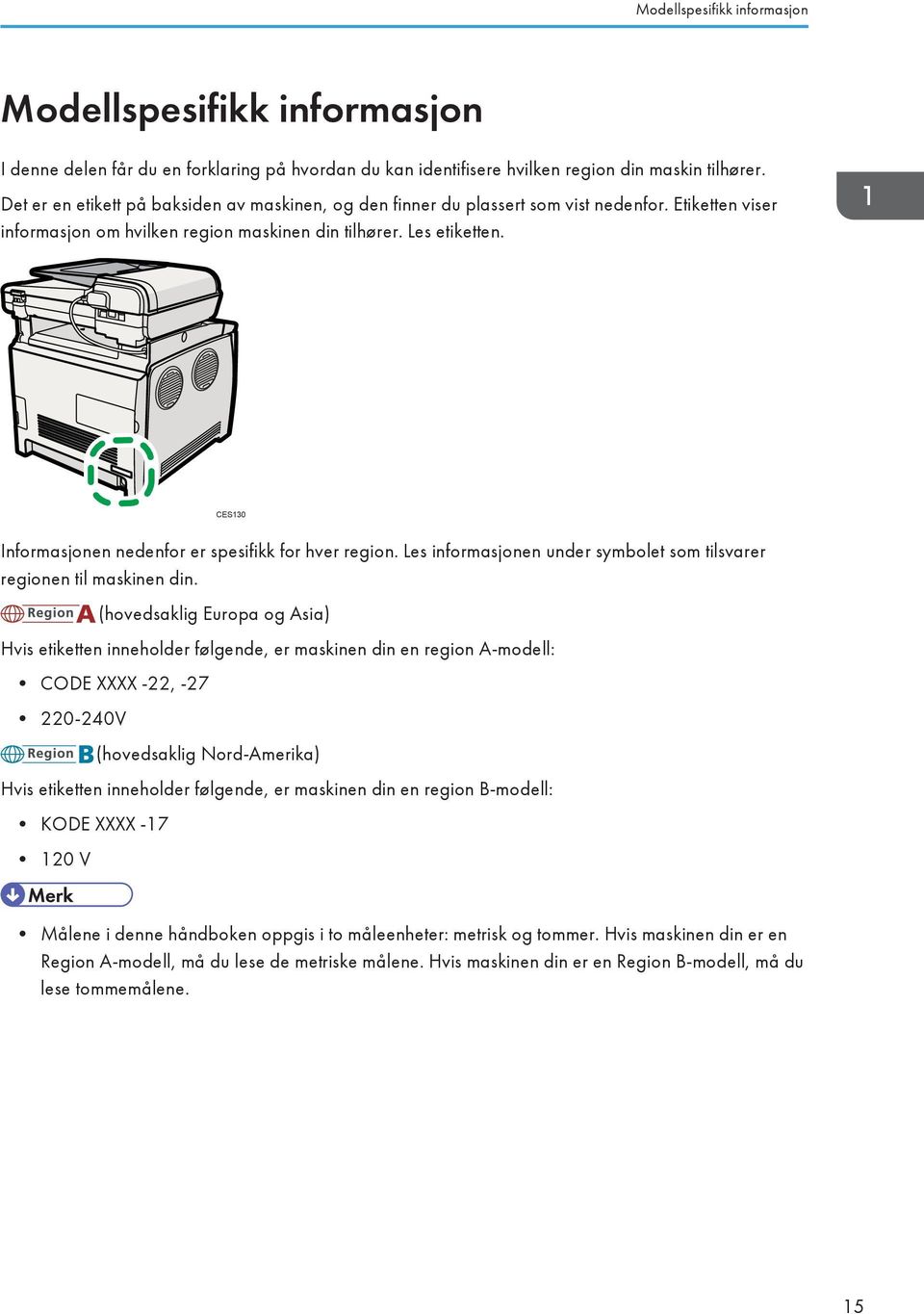 CES130 Informasjonen nedenfor er spesifikk for hver region. Les informasjonen under symbolet som tilsvarer regionen til maskinen din.