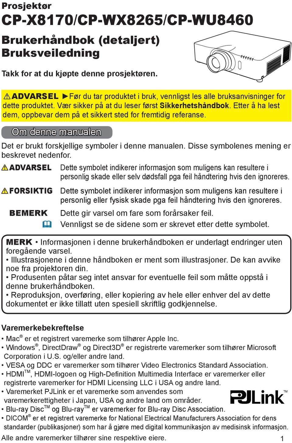 Etter å ha lest dem, oppbevar dem på et sikkert sted for fremtidig referanse. Om denne manualen Det er brukt forskjellige symboler i denne manualen. Disse symbolenes mening er beskrevet nedenfor.