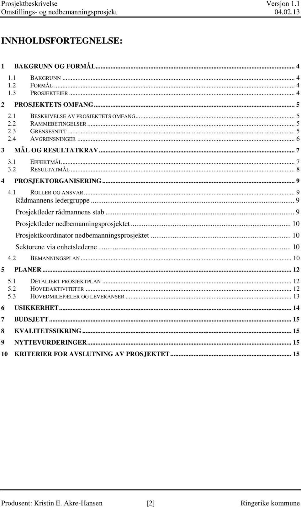 .. 9 Prosjektleder rådmannens stab... 9 Prosjektleder nedbemanningsprosjektet... 10 Prosjektkoordinator nedbemanningsprosjektet... 10 Sektorene via enhetslederne... 10 4.2 BEMANNINGSPLAN... 10 5 PLANER.