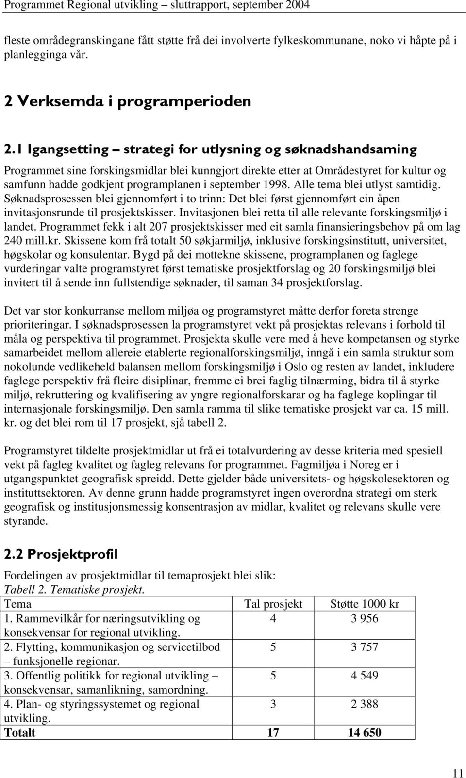 1998. Alle tema blei utlyst samtidig. Søknadsprosessen blei gjennomført i to trinn: Det blei først gjennomført ein åpen invitasjonsrunde til prosjektskisser.