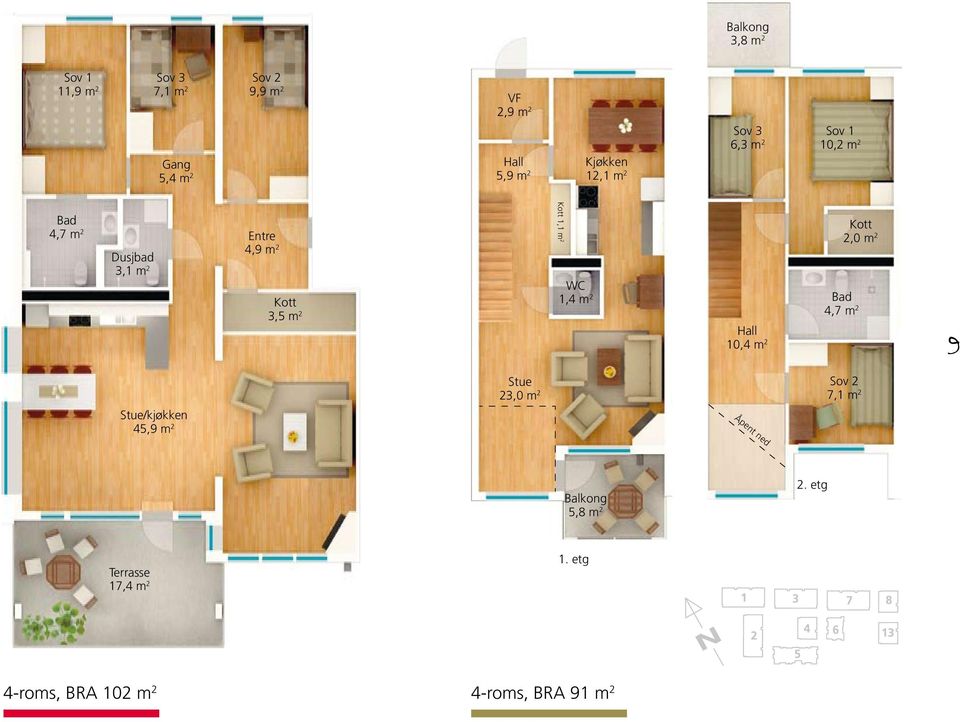 1,1 m 2 WC 1,4 m 2 Hall 10,4 m 2 Kott 2,0 m 2 Bad 4,7 m 2 Stue 23,0 m 2 Sov 2 7,1 m 2 Stue/kjøkken