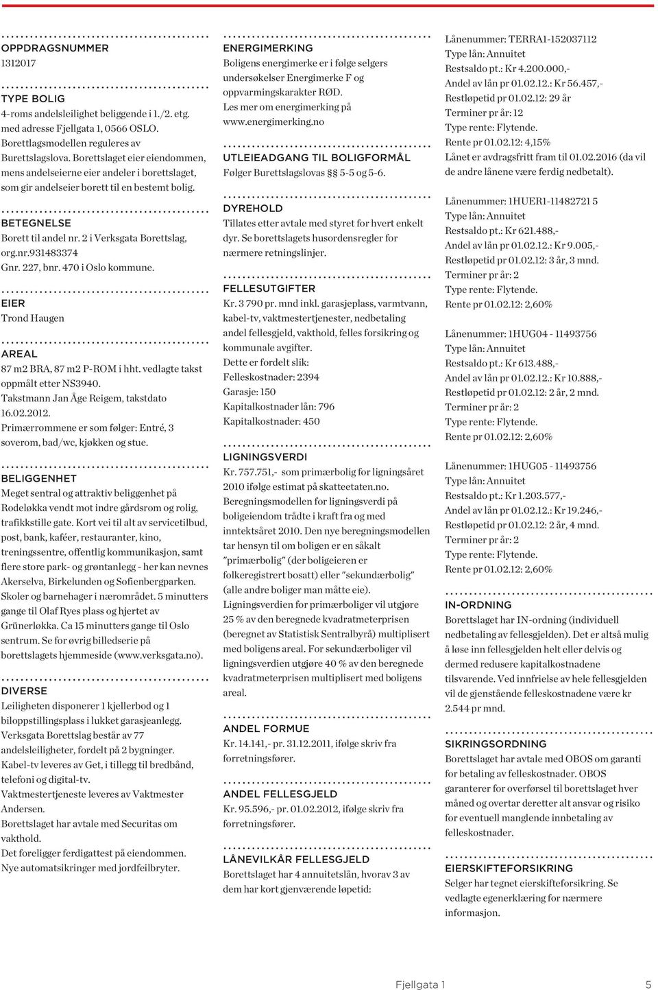 227, bnr. 470 i Oslo kommune. EIER Trond Haugen AREAL 87 m2 BRA, 87 m2 P-ROM i hht. vedlagte takst oppmålt etter NS3940. Takstmann Jan Åge Reigem, takstdato 16.02.2012.