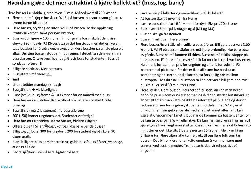 i mnd., gratis buss i skoletiden, vise elevkort som bevis. På Klyvesletta er det busstopp men det er i veien. Lage busskur for å gjøre veien tryggere.