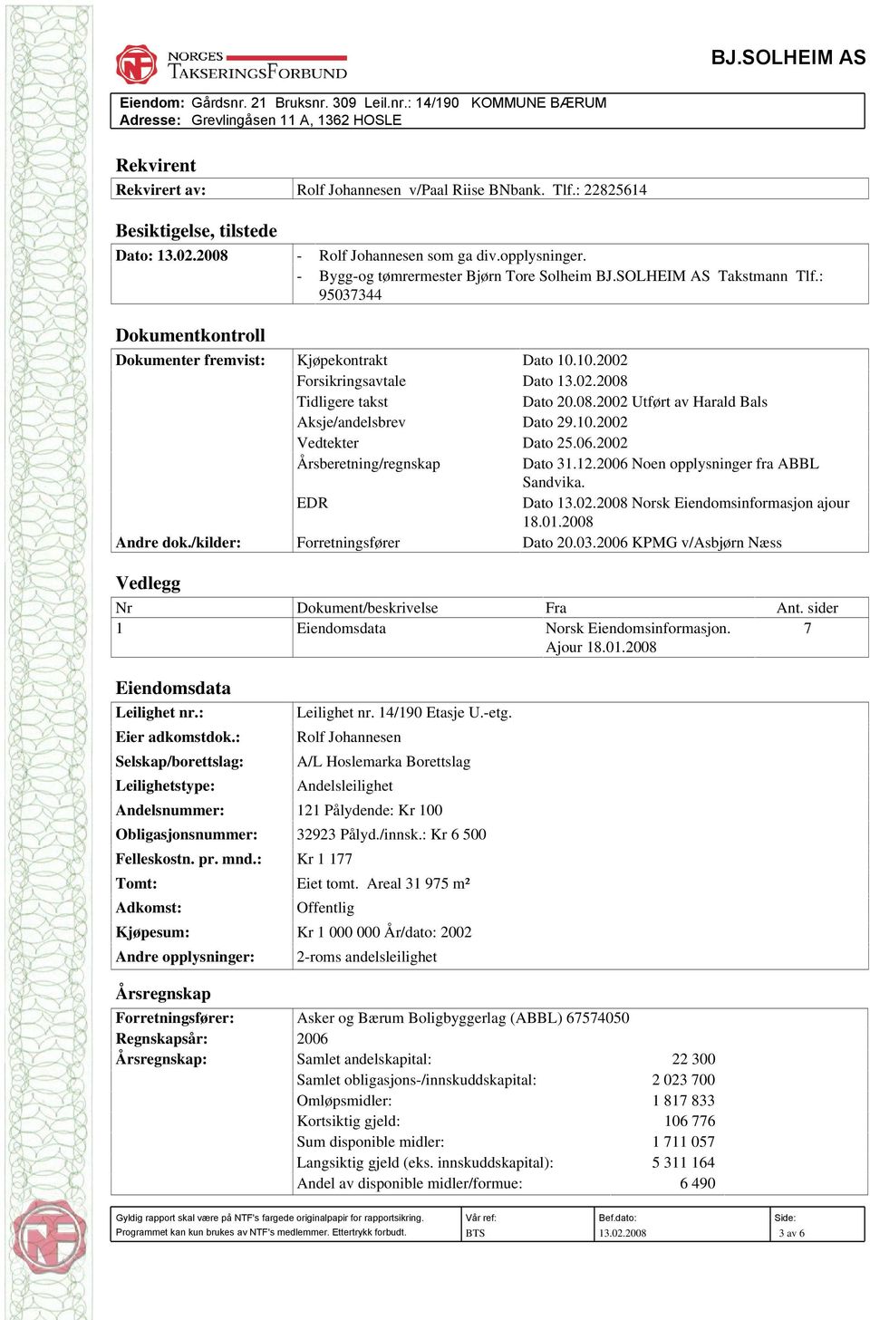 : 95037344 Dokumentkontroll Dokumenter fremvist: Kjøpekontrakt Dato 10.10.2002 Forsikringsavtale Dato 13.02.2008 Tidligere takst Dato 20.08.2002 Utført av Harald Bals Aksje/andelsbrev Dato 29.10.2002 Vedtekter Dato 25.