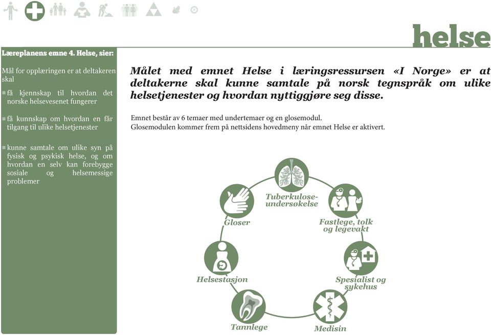 Målet med emnet Helse i læringsressursen «I Norge» er at deltakerne skal kunne samtale på norsk tegnspråk om ulike helsetjenester og hvordan nyttiggjøre seg disse.